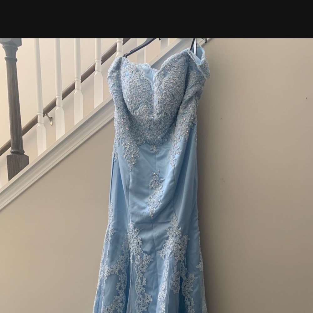 Baby blue lace prom dress